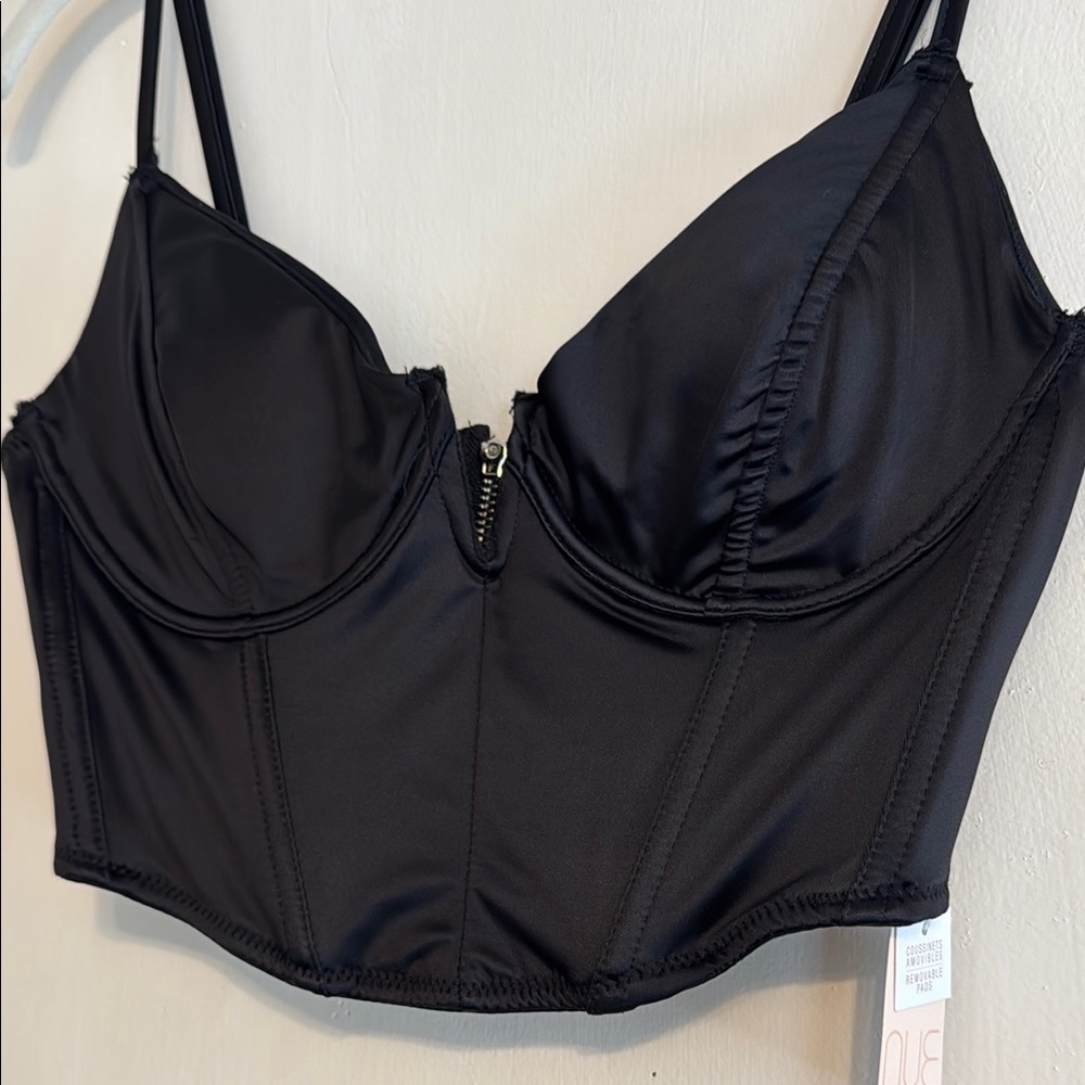 Black Cupped Silky Corset Crop Top - Picture 4 of 4